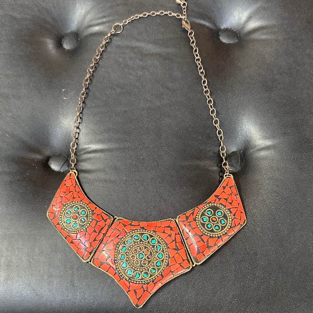 Vintage Brass, Turquoise and Coral Necklace made in India. Bohemian Style.